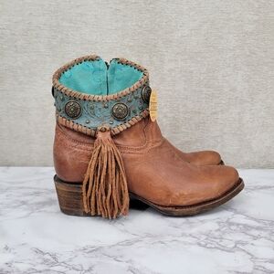 Corral Women's 7" Cognac Turquoise Concho Fringe Round Toe Ankle Boots Booties
